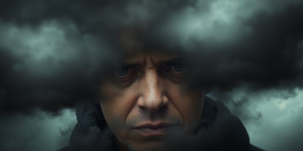 Person looking distressed with storm clouds gathering.